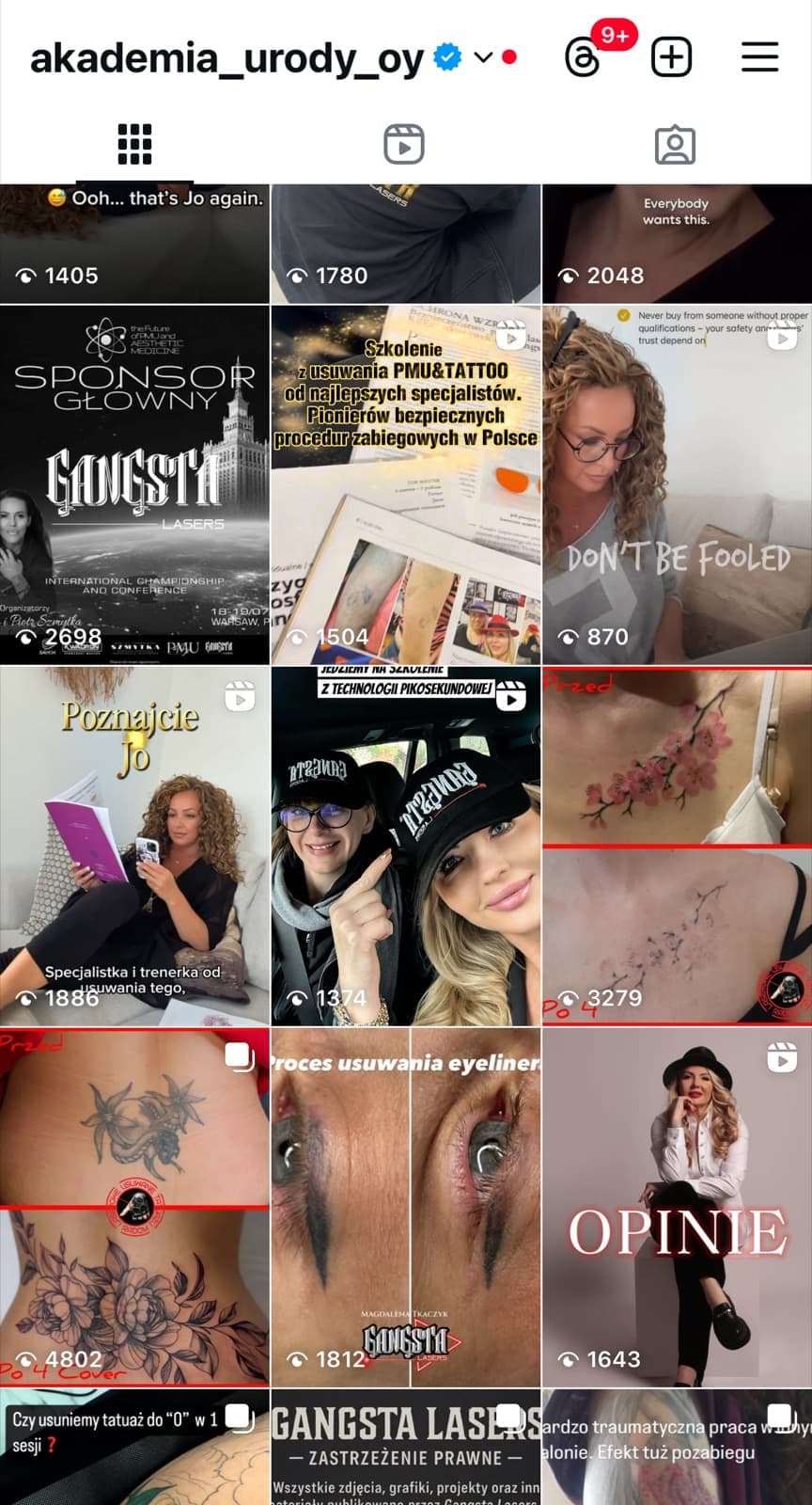 Siatka profilu na Instagramie z postami o laserowym usuwaniu makijażu permanentnego i tatuażu, opiniami klientek i zdjęciami przed i po