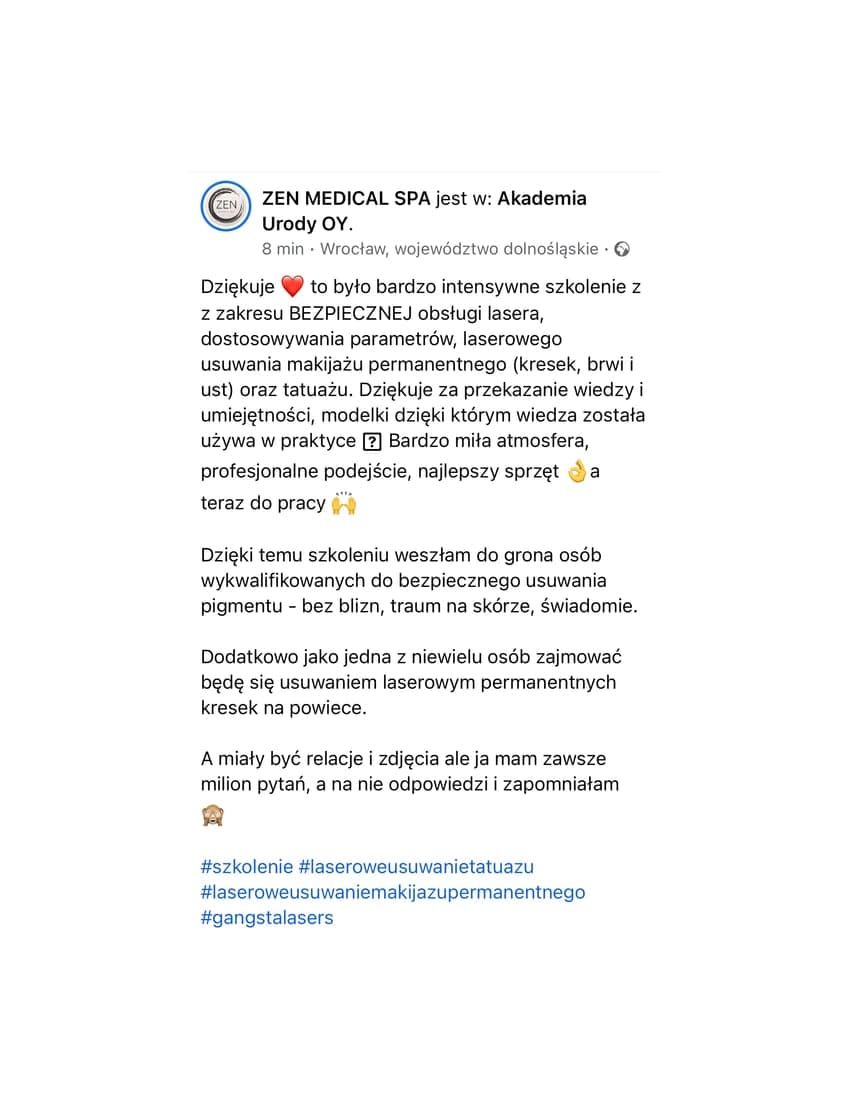 Komentarz na Facebooku: ZEN MEDICAL SPA